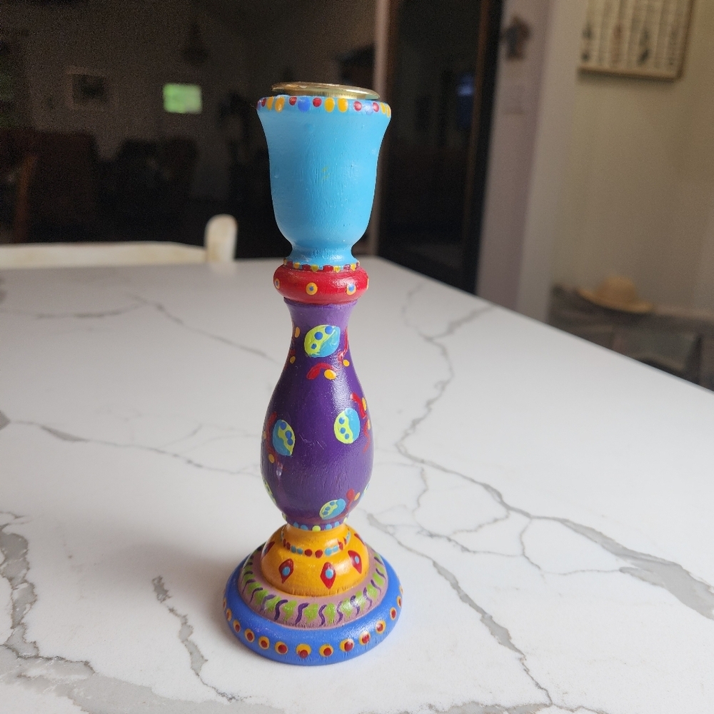 VINTAGE Y2K 2000 WOOD HAND PAINTED 🎨 CANDLE HOLDER SIGNED TERE 2000